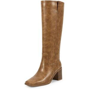 Women Banana Yellow-chunky Heels Low Heel Square Toe Tall Boots PU Leather Zips